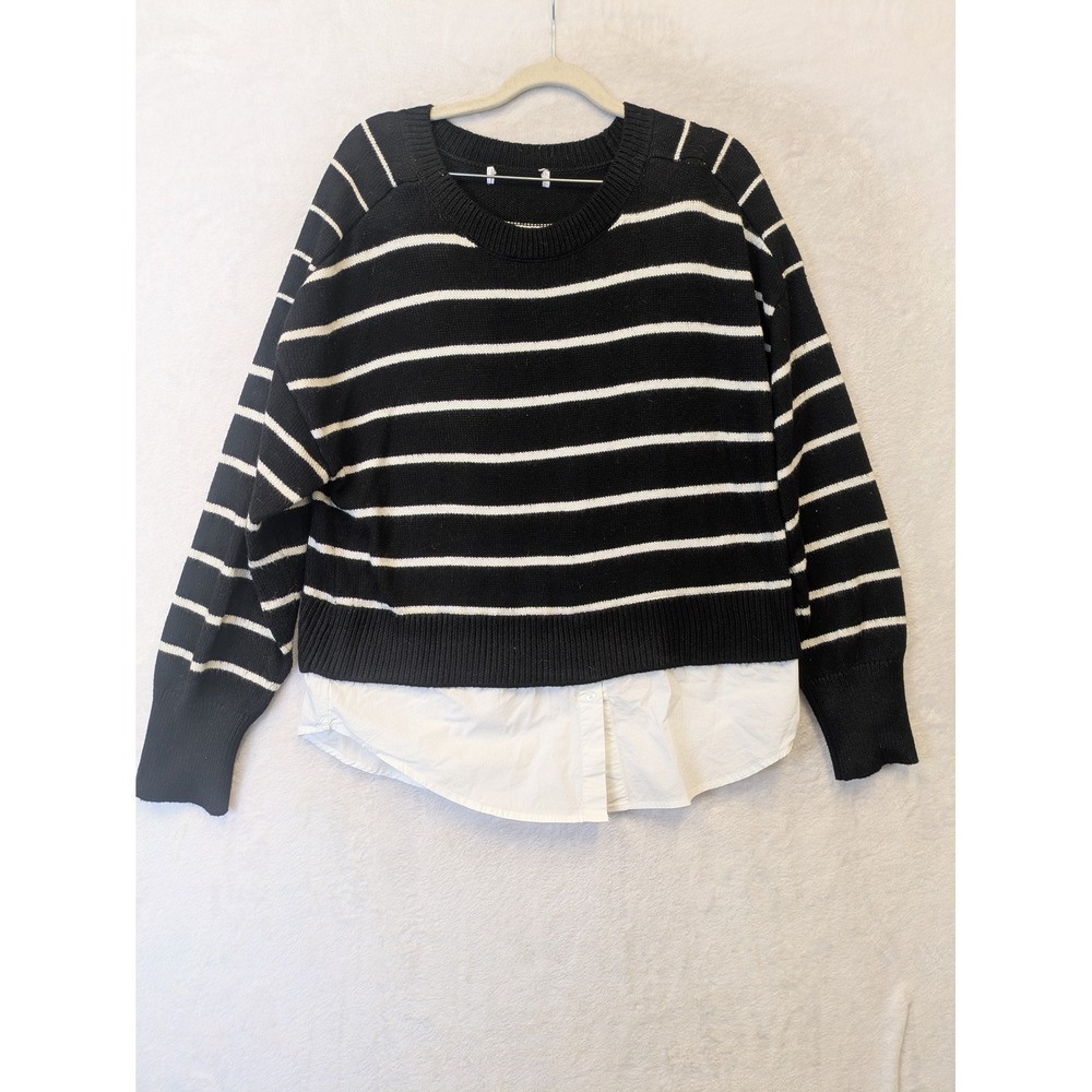 Womens Black White Striped Layered Hem Crewneck Sweater Size M‎